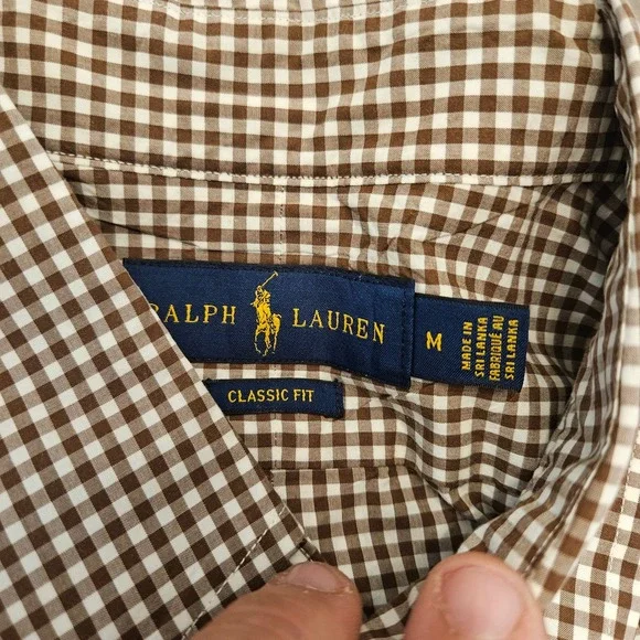 Ralph Lauren Classic Fit Gingham Shirt Mens Medium Brown White Check Long Sleeve - Picture 2 of 8